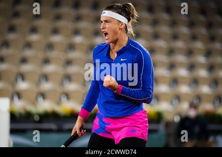 Aryna Sabalenka von Weißrussland in Aktion während der ersten Runde beim Roland Garros 2020, Grand Slam Tennisturnier, am 29. September 2020 bei Roland G Stockfoto