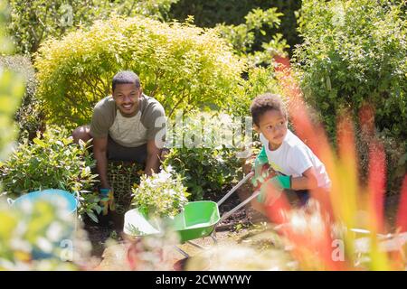 Vater und Sohn im sonnigen Sommergarten Stockfoto