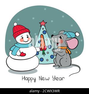 Karte mit niedlichen kleinen Maus und Schneemann: Frohes neues Jahr. Vektor-Illustration in rot und blau für Weihnachts-Poster, Karten, Geschenk-Tags Stock Vektor