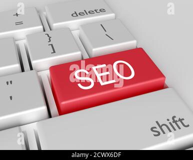 Word SEO auf einer Computertastatur geschrieben. Konzeptionelles Bild auf einer Computertaste Enter. 3d-Rendering Stockfoto