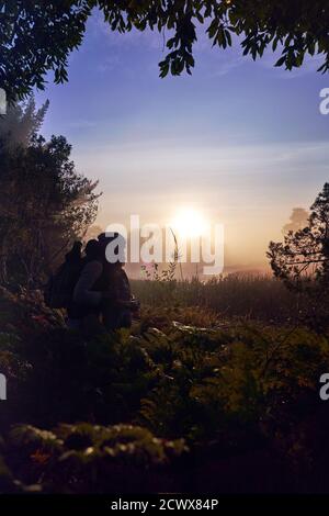 Silhouette liebevoll junges Paar genießen malerischen Sonnenuntergang in der Natur Stockfoto