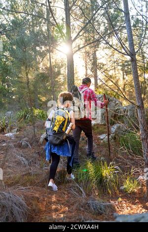 Junges Paar mit Rucksack wandern im sonnigen Wald Stockfoto