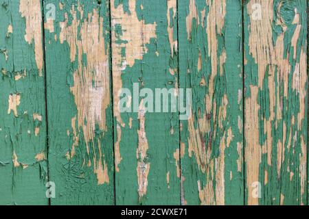 Dunkelgrün zerkratzte Grunge Holz strukturierte Wand. Alte Holzstruktur mit abblätternder Farbe. Stockfoto