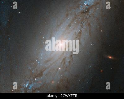 Das Hubble-Weltraumteleskop der NASA/ESA erfasste NGC 7513, eine versperrte Spiralgalaxie, die sich 60 Millionen Lichtjahre entfernt im Bildhauerkonstellation befindet. NGC 7513 bewegt sich mit 972 Meilen pro Sekunde weg von der Milchstraße. Dies ist ein typisches kosmisches Phänomen, das in fernen Galaxien beobachtet wird. Stockfoto