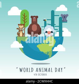 Banner zum Welttiertag, 4. Oktober, Tierplakat mit niedlichen Tierillustrationen, Vektor Stock Vektor