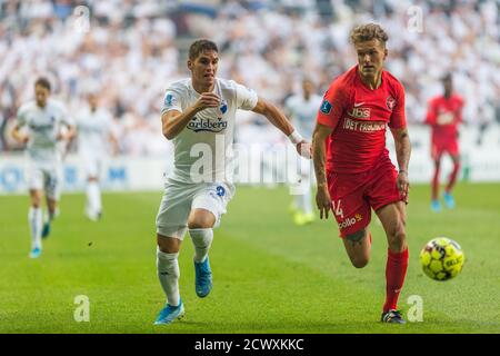 Kopenhagen, Dänemark. September 2019. Alexander Scholz (14) vom FC Midtjylland und Pieros Sotiriou (9) vom FC Kopenhagen beim 3F Superliga-Spiel zwischen dem FC Kopenhagen und dem FC Midtjylland in Telia Parken. (Foto: Gonzales Photo - Thomas Rasmussen). Stockfoto