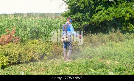 Senior Mann mäht Gras mit Benzin-Bürstenschneider. Mann mit Arbeitskleidung, Schutzbrille, schalldichten Kopfhörern und Arbeitshandschuhen. Ganzkörperansicht Stockfoto