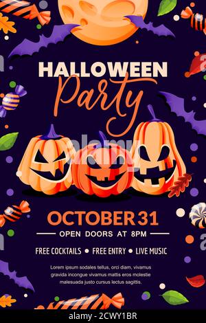 Halloween Urlaub Poster Banner Vorlage. Party Flyer Einladungslayout. Vektorgrafik. Blac Hintergrund mit Horror Dekoration, Kürbis Laternen Stock Vektor