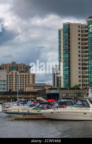 Kingston, Ontario, August 2014 - Boote in der Marina von Kingston Waterfront, mit Gebäuden im Hintergrund. Vertikale Aufnahme Stockfoto