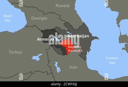 Armenien-Aserbaidschan-Konflikt in Berg-Karabach auf der Karte. Stockfoto
