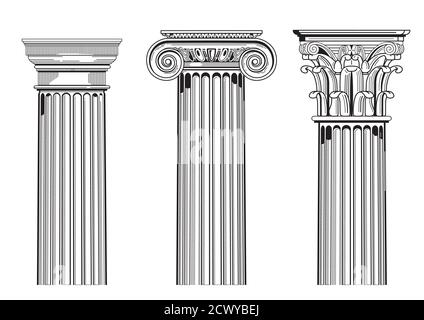 Satz von drei Vektor-Illustrationen von Säulen in griechischen und römischen Stilen, Doric, Ionic und Corinthian. Stock Vektor