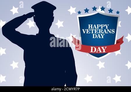 Happy Veterans Tag Feier mit Militäroffizier salutieren und Schild vektorgrafik Design Stock Vektor