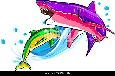 Die Dolphin, der aus Meerwasser auf weißem Hintergrund springen ist, isoliert. Vector Illustration. Stock Vektor