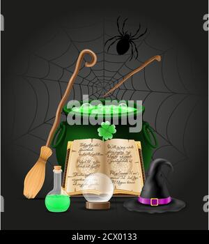 Magische Objekte für Hexerei Hexenvektor Illustration isoliert auf schwarz Hintergrund Stock Vektor