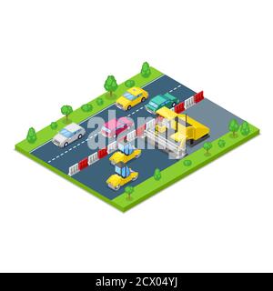 Straßenreparatur und Baukonzept. Vektor-3D-isometrische Darstellung. Walze und Asphalt Pflastermaschine auf der Baustelle. Stock Vektor