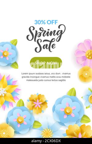 Frühling Verkauf vertikale Banner oder Poster Design-Vorlage. Vektor-Illustration von Papier Schichten Handwerk Blumen und handgezeichnet Kalligraphie Schriftzug. Colorfu Stock Vektor