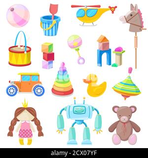 Kinder Spielzeug Vektor Design Elemente und Symbole gesetzt. Farbe Spielzeug für Baby Junge und Mädchen, Cartoon-Illustration. Stock Vektor