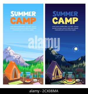 Sommer Camping im Bergtal, Vektor-Banner, Poster Design-Vorlage. Abenteuer, Reisen und Öko-Tourismus Konzept. Touristische Camp Zelt am Tag und Stock Vektor