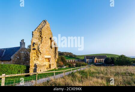 Die Endwand des Speisesaals der Mönche und der Zehenscheune der Abbotsbury Abbey, einem ehemaligen Benediktinerkloster in Abbotsbury, Devon, Südostengland Stockfoto