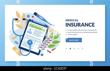Konzept der Krankenversicherung. Vektor flache medizinische Versorgung Illustration. Pillen, Thermometer, Stethoskop und Krankenversicherungsblatt. Landing Page oder Banner d Stock Vektor