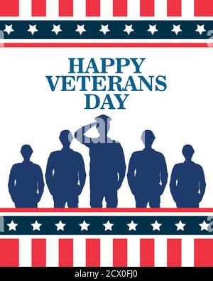 Happy Veterans Tag Feier mit Militäroffizier und Soldaten grüssend Und Schriftzug Vektor Illustration Design Stock Vektor