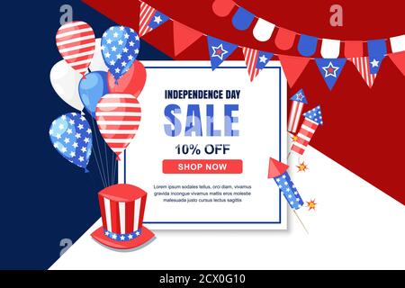 USA Independence Day Verkauf Vektor-Banner-Vorlage. 4. Juli Feier Konzept. Urlaub mehrfarbigen Hintergrund mit quadratischen Rahmen, Fahnen, Luftballons Stock Vektor