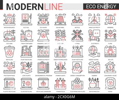 Eco Energy Complex Liniensymbole Vektor-Illustration Satz von ökologischen Problemen lineare Symbole, Umwelt-Ökosystem-Schutz und grüne Abfälle Recycling-Technologie. Stock Vektor