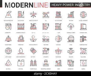 Schwerkraftindustrie flach dünne rote schwarze Linie Symbol Vektor-Illustration Set mit Umriss Infografik industrielle Fertigung Symbole der Metallurgie, chemische Anlage und Fabrik, Stromproduktion Stock Vektor