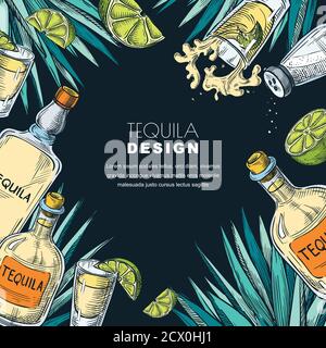 Tequila Label Design Vorlage. Skizzenvektordarstellung von Flaschen, Schnapsglas, Kalk und Agave. Balkenmenü schwarzer Rahmen Hintergrund. Stock Vektor