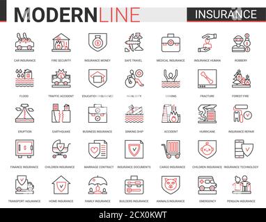 Versicherung flach dünne rote schwarze Linie Symbol Vektor-Illustration Set mit Outline Assurance Infografik App Symbole der Versicherung für Familiengesundheit, Hauseigentum oder Autotransport, Geschäftsfinanzierung Stock Vektor