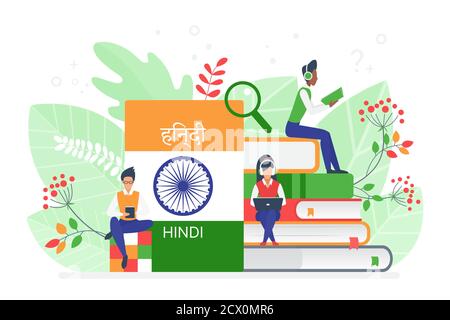 Online Hindi Sprachkurse flache Illustration. Fernunterricht, Fernschule, indische Universität. Sprache Internet-Klasse, E-Learning, Schüler Bücher lesen. Unterrichten von Fremdsprachen isoliert. Stock Vektor
