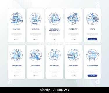 Schlafstörungen blauer Onboarding Mobile App-Seite Bildschirm mit Konzepten Setzen Stock Vektor