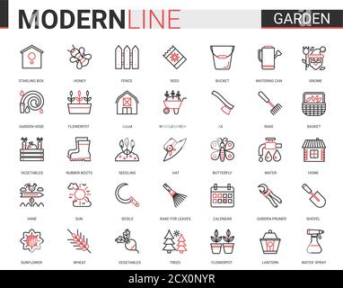 Garten Bauernhof Werkzeuge flach Symbol Vektor Illustration Set. Rot schwarz dünne Linie Gartenarbeit oder Landschaftsbau Zubehör für Gärtner Landwirt Arbeiter, landwirtschaftliche Ausrüstung Sammlung von skizzenem Piktogramm Symbole Stock Vektor