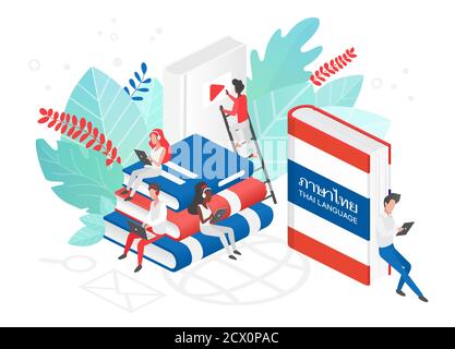 Menschen lernen Thai Sprache Vektor isometrische 3d-Illustration. Thailand Fernunterricht, Online-Lernkurse Konzept. Studenten lesen Bücher Zeichentrickfiguren. Fremdsprachen unterrichten Stock Vektor