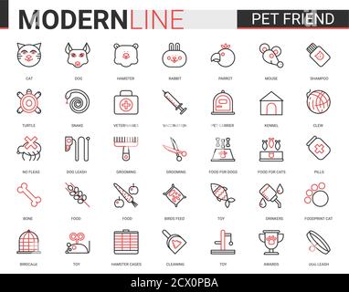 PET Shop dünne rote schwarze Linie Symbol Vektor Illustration Set mit Umriss Veterinär Symbole für Hund Katze Schlange Fisch Maus Hamster Kaninchen Papagei Vogel Tierpflege Tierarztartikel, lineare Futterspielzeug für angenommen Tier Stock Vektor