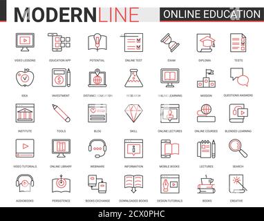 Online-Fernunterricht flach dünne rote schwarze Linie Symbole Vektor-Set mit linearen Bildungstechnologie Symbole für mobile Apps mit Prozess-Lernen in Tech-Online-Kurs, Schule oder Universität Stock Vektor