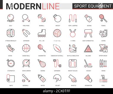 Sport Fitnessgeräte dünne rote schwarze Linie Symbol Vektor Illustration Set. Lineare Sportausrüstung für Sportler Symbole mit Sportbekleidung, Fitness-Studio Artikel, Fußball Baseball Badminton Tennis Spiel Kollektion Stock Vektor