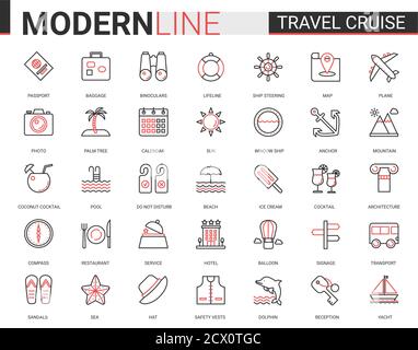 Reise Kreuzfahrt dünne rote schwarze Linie Symbol Vektor Illustration Set. Skizzieren Tourismus mobile App Symbole des Reisetransports, Hotel-Service für Touristen, Meer Sommer Strand Party Artikel editierbare Schlaganfall Stock Vektor