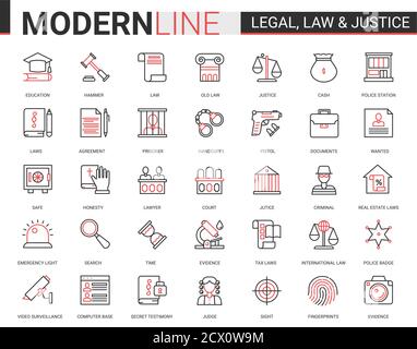 Rechtsrecht und Gerechtigkeit flach Symbol Vektor Illustration Set. Rot schwarz dünne Linie Infografik Design von mobilen App Website-Symbole mit gerichtlichen Gesetzgebung Bildung, Anwalt Verteidigung, Polizei Untersuchung Stock Vektor