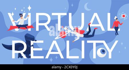 Virtual Reality Beschriftung Vektor Illustration. Cartoon Wohnung futuristisches Konzept mit Entwickler Benutzer Menschen in vr Brille fliegen neben Virtual Reality große Buchstaben, zukünftige interaktive Spiel Hintergrund Stock Vektor