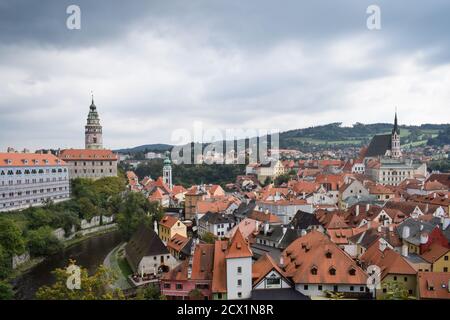 Blick über die historische Stadt Cesky Krumlov, Tschechische Republik Stockfoto