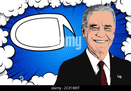 Cartoon-Box mit einer Illustration von Joe Biden sprechen. Leere Dialogblase zum freien Schreiben von Text, Leerzeichen. Schaufel, Veranstaltung, explosive Sprache... Pop Stockfoto