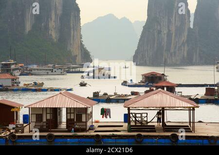 Schwimmende Dörfer unter den Karst Topographie der Halong Bucht, Vietnam Stockfoto