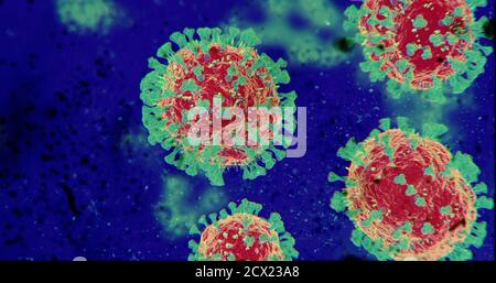 Mikroskopische COVID-19 Coronavirus-Moleküle Close Up - NCoV Influenza Virus Pathogen unter Macro Medical Lab Mikroskop - Testing, Awareness Concept Stockfoto