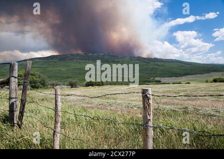 Landschaft mit Rauch, der im Hintergrund von einem Waldbrand ausstrahlt Stockfoto