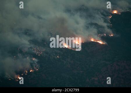 Luftaufnahme des Waldfeuers in der Dämmerung Stockfoto