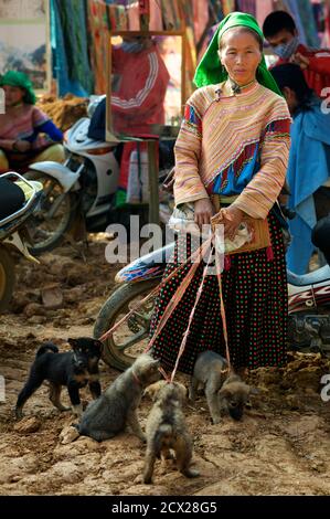 Blume Hmong Frau Verkauf Welpen auf Can CAU Markt, in der Nähe Bac Ha, Lao Cai Provinz, Vietnam Stockfoto