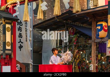 asakusa, japan - november 08 2019: Junger japanischer Negi-Junge in traditionellem jōe Kimono, der die Gläubigen mit einem Ōnusa im Shinto Ootori segnet Stockfoto