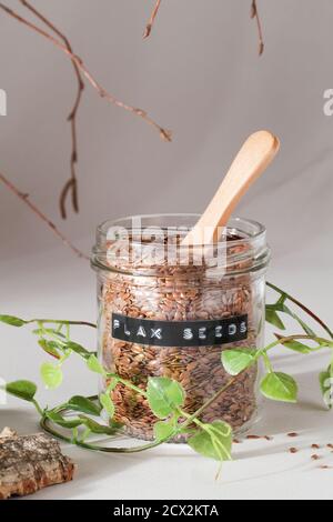 Leinsamen in Glas Glas mit Holzlöffel und natürlichen Elementen Blätter und Rinde auf grauem Hintergrund. Kopieren Raum Stockfoto