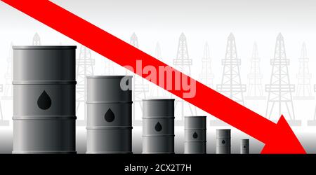 Ölkrise Vektor-Konzept. Rückgang der Produktionsmengen, Rückgang der Öl- und Kraftstoffpreise. Der rote Pfeil des Diagramms auf dem Hintergrund des Fasses Goe Stock Vektor